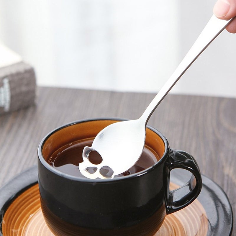 CILEONBE 304 Stainless Steel Skull Sugar Spoon Dessert Tea Coffee Stirring Spoon Set of 6 (Black) - Image 3